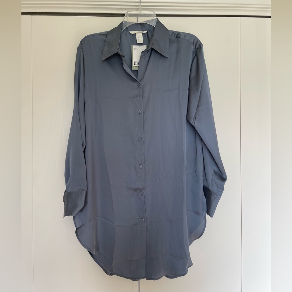 NWT! Blue Satin Oversized Button Down Top Size L